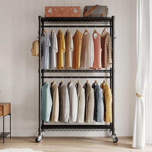Black Heavy Duty Rolling Garment Rack with Wheels Double Hanging Rods J2733