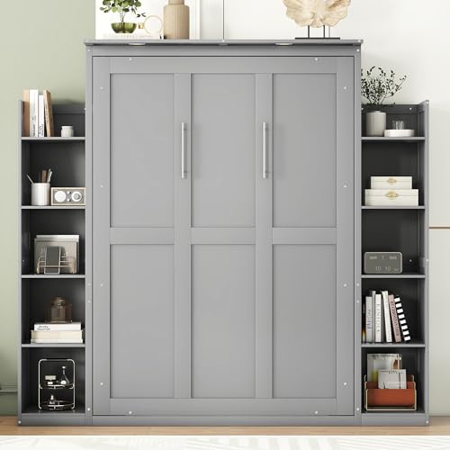 Grey Full Size Wood Murphy Bed with Storage Shelves and LED Lights P106235