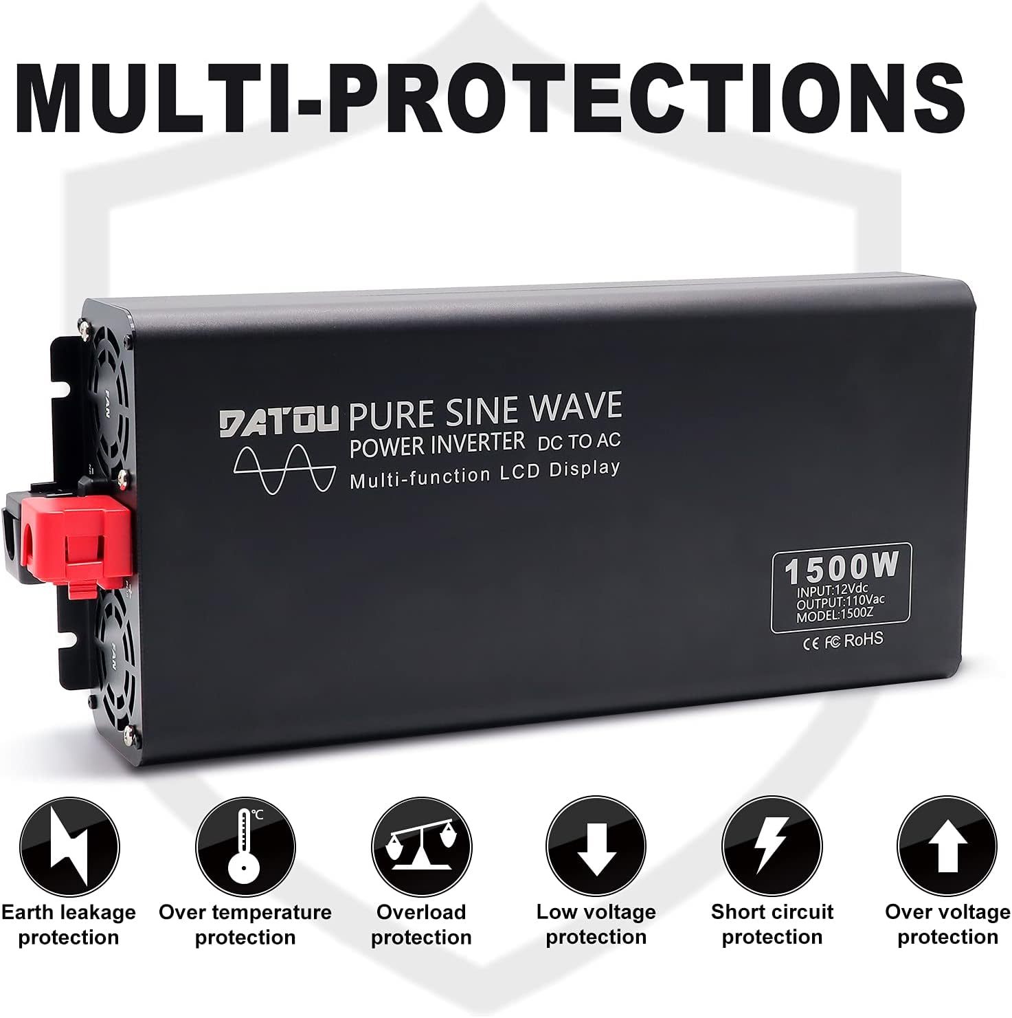 1500W Peak 3000W DC 12V to AC 110V 120V Power Inverter with 2 AC Outlets LCD Display M3858