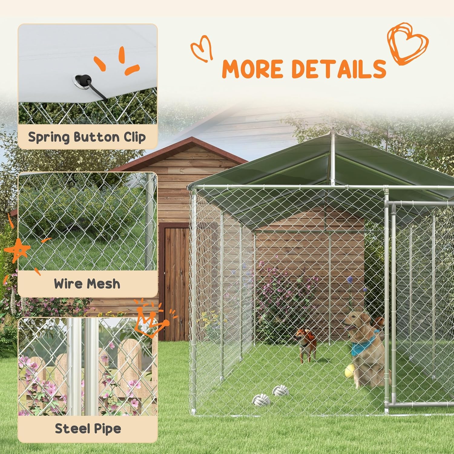 Large Heavy Duty Dog Kennel with Waterproof Cover, Galvanized Chain Link, 19.7' x 7.5' x 7.5' M920164