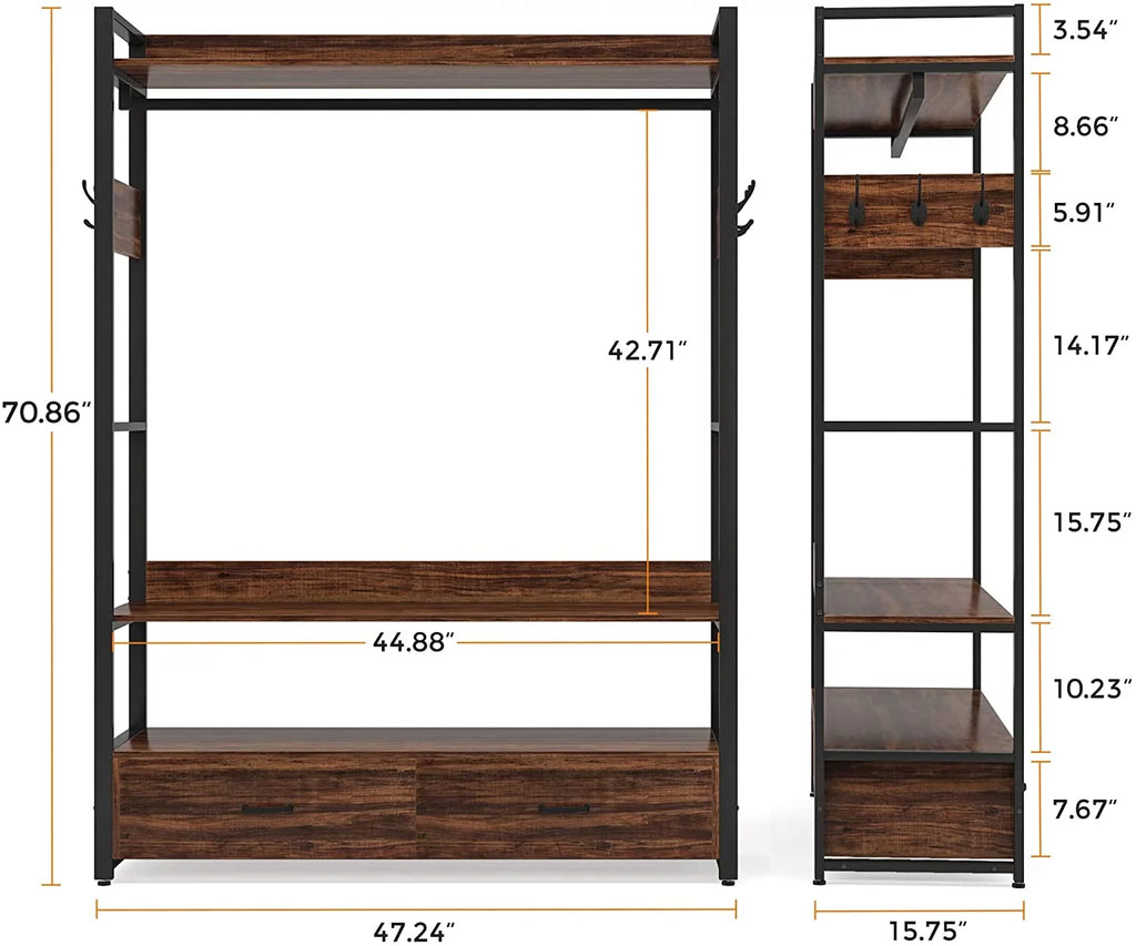 Rustic Brown Heavy Duty Clothes Rack with Shelves Hanging Rod and 2 Drawers F72811