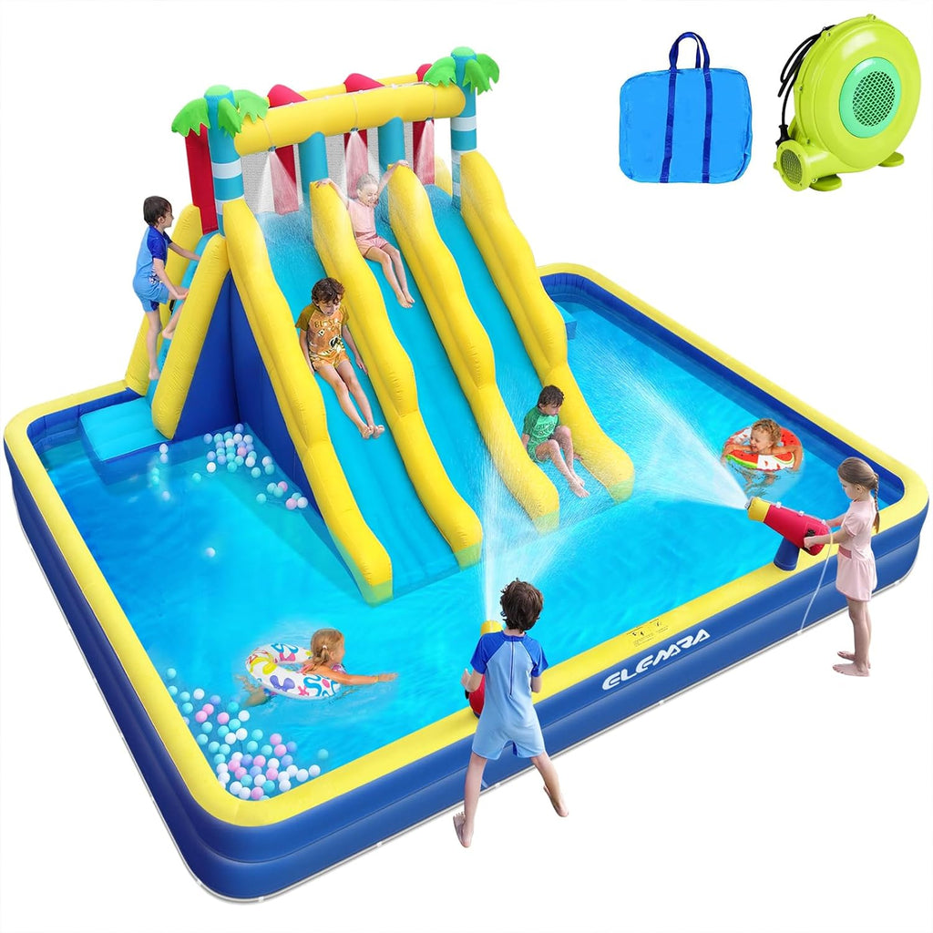 Extra Large Inflatable Water Slide Bounce House with Double-Layer Splashing Pool, 3 Slides, Climbing Wall, 2 Water Cannons, 750W Air Blower Q27744
