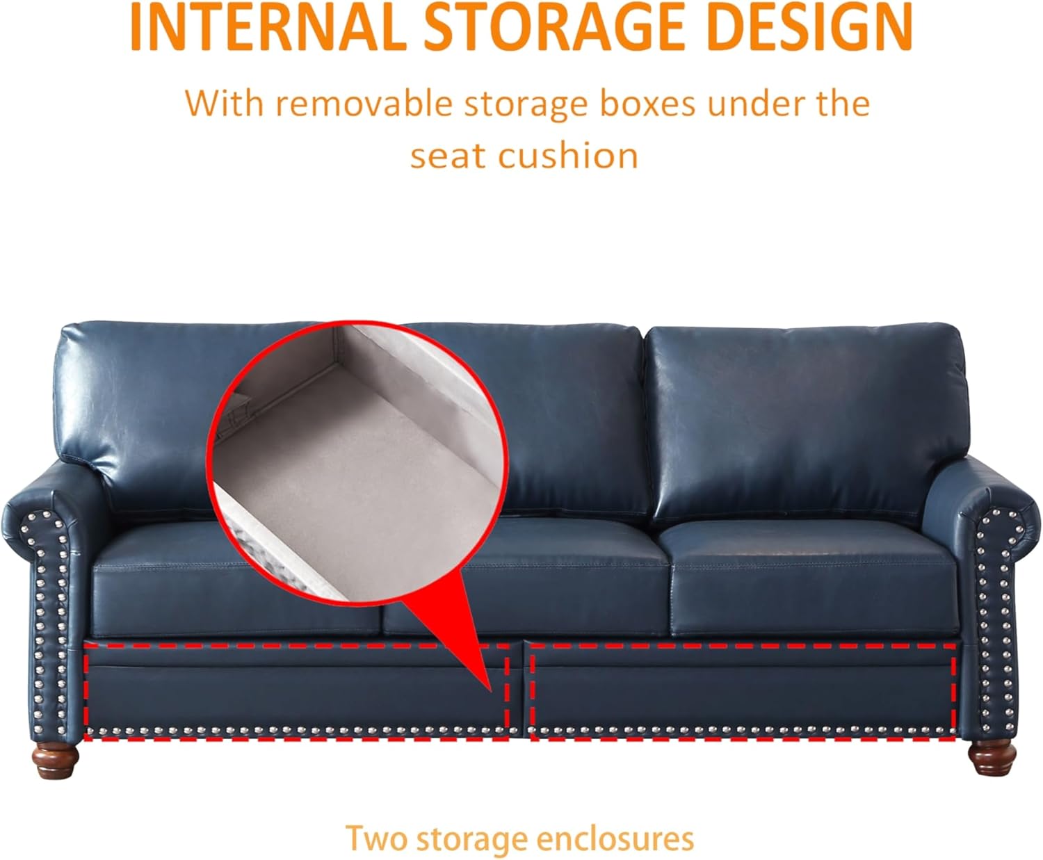 Navy Blue 3 Seater Leather Sofa with Storage Box V53503