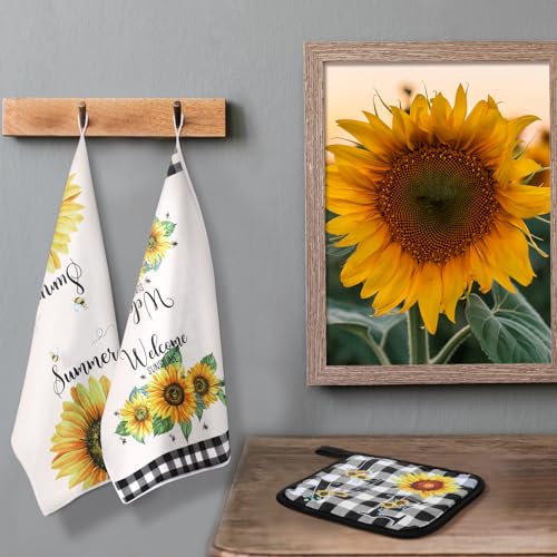 13 Pcs Bee Sunflower Kitchen Decor Set with Wooden Spoons, Kitchen Towels, Apron, Oven Mitts, Pot Holders Q279