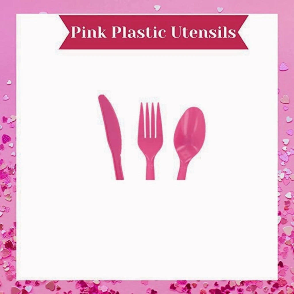 Valentine Heart Design Round Paper Plates with Matching Napkins and Pink Plastic Utensils Disposable Tableware Set of 3 O29047