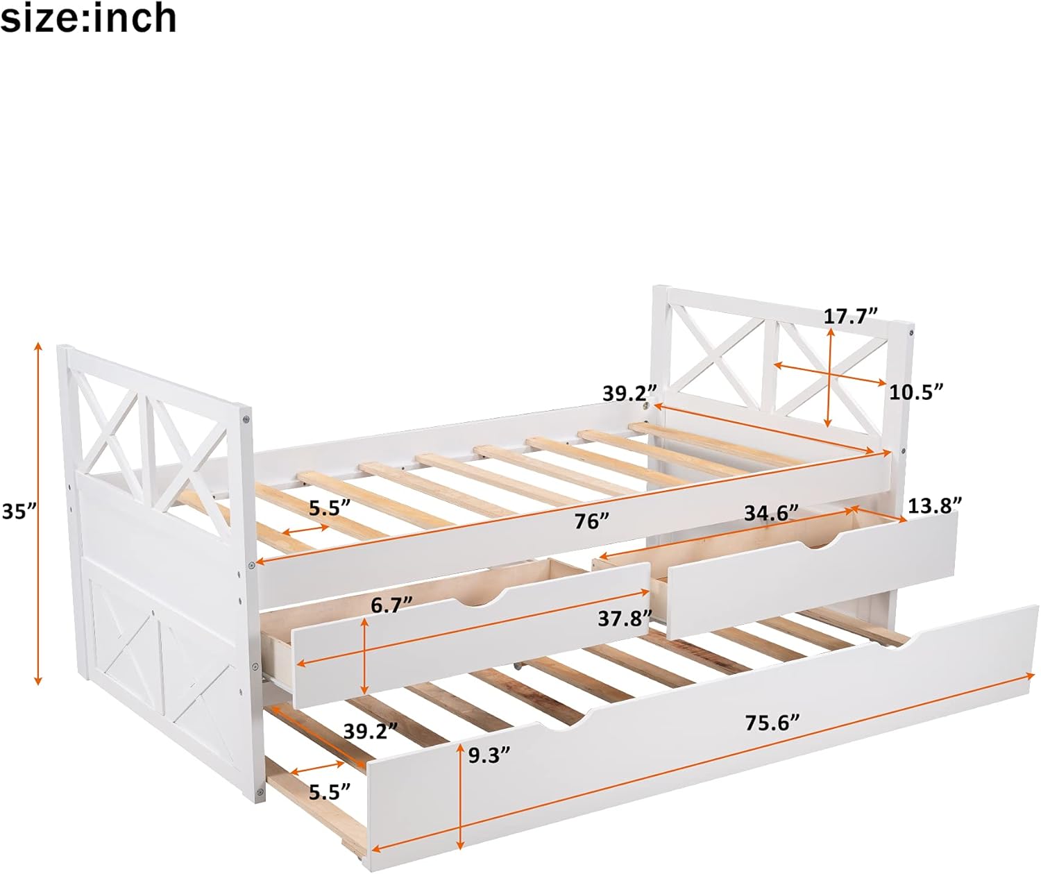 White Wood Twin Captain's Daybed with Trundle and 2 Storage Drawers F200383