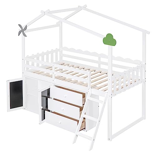 Grey Twin Size Wood Loft Bed with Storage Cabinet and 3 Drawers O497292