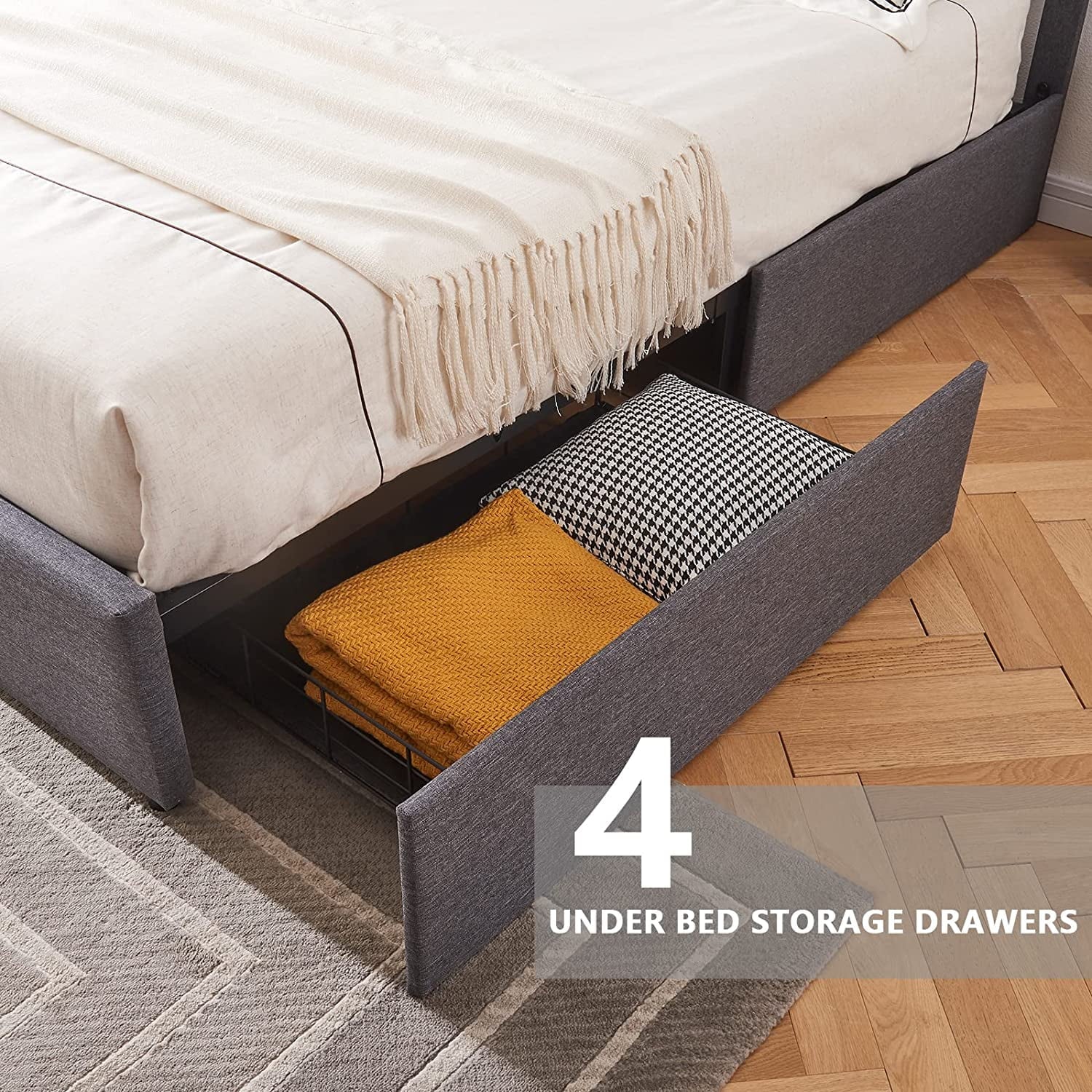 Full Size Bed Frame with 4 Drawers, LED, USB Ports, Adjustable Upholstered Headboard, Dark Grey L89088