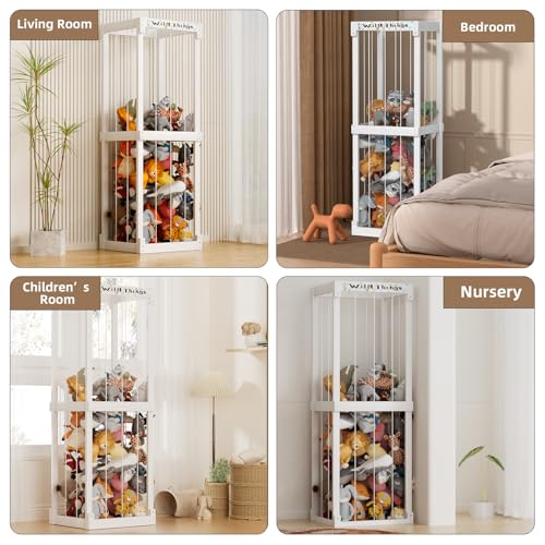 White Wooden Stuffed Animal Storage Cage with Elastic Rope P95121