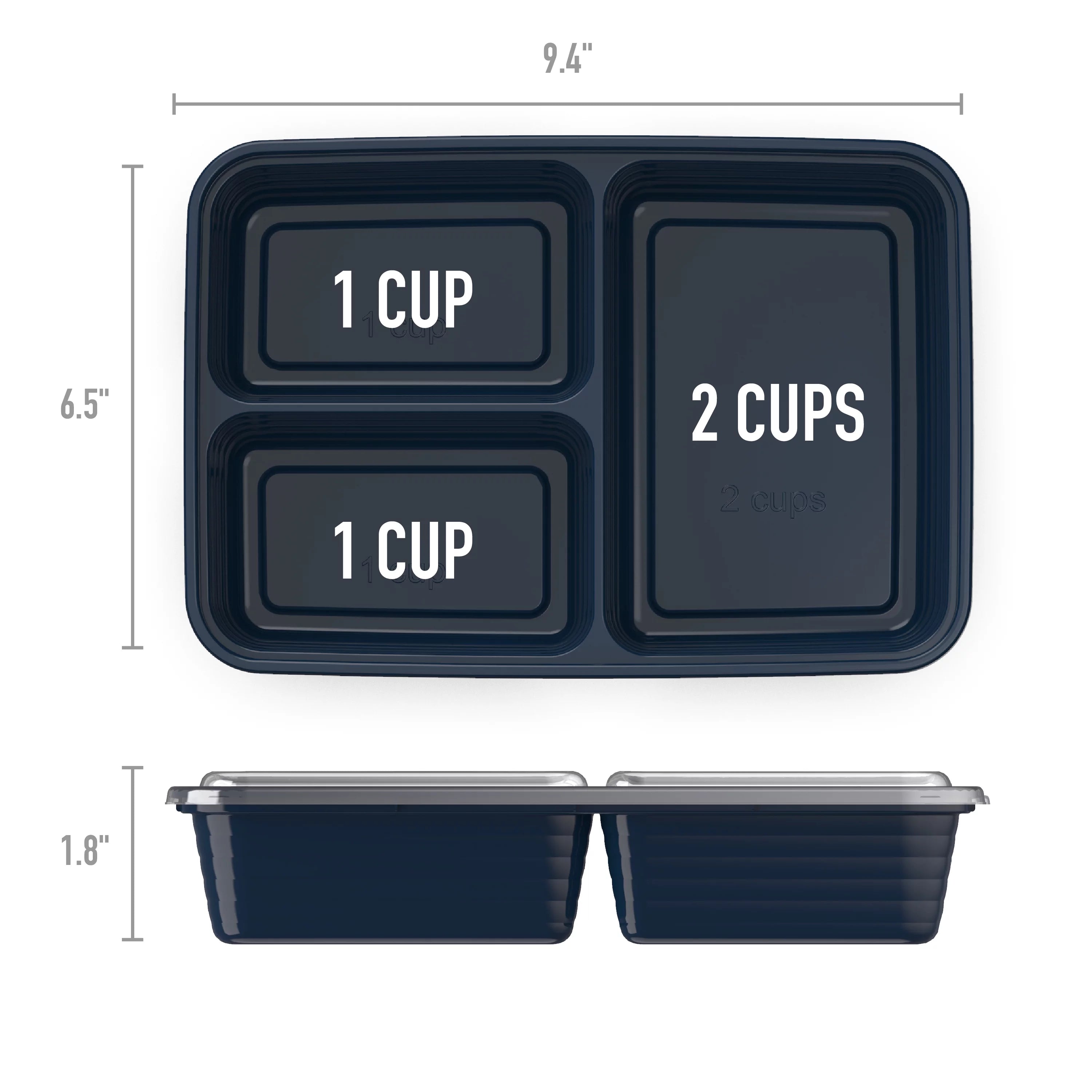 3-Compartment Meal-Prep Containers with Lids - 10 Trays & Lids - Navy Blue F7926