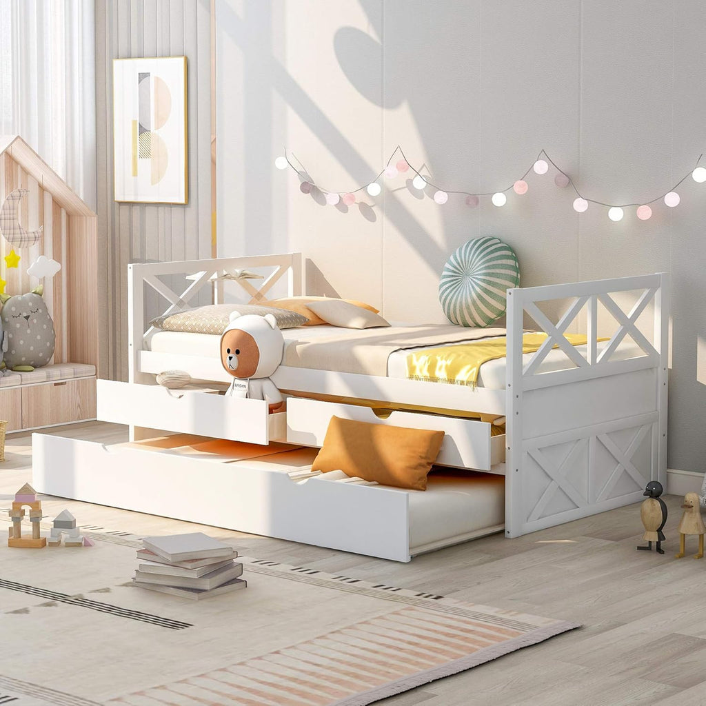 White Wood Twin Captain's Daybed with Trundle and 2 Storage Drawers F200383