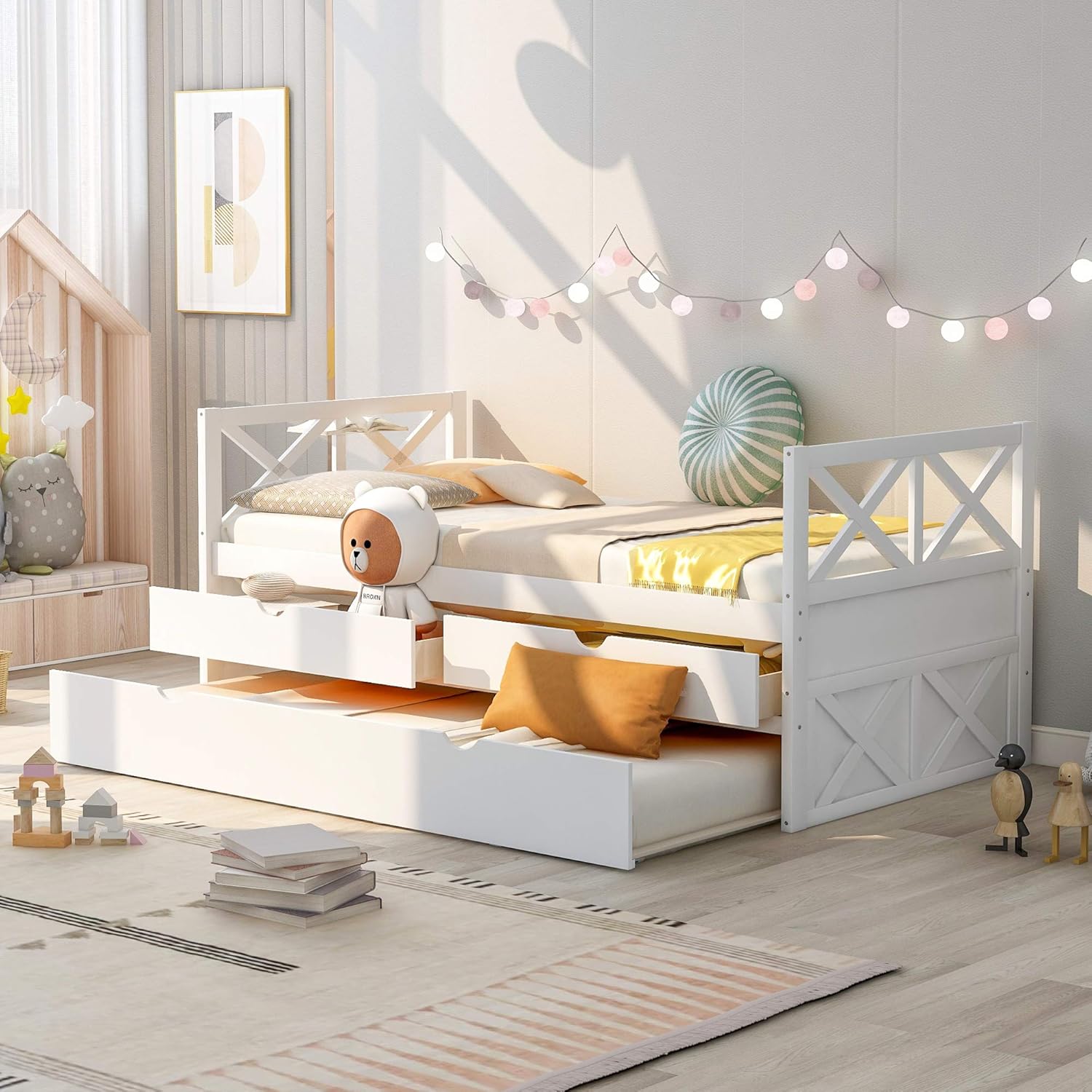 White Wood Twin Captain's Daybed with Trundle and 2 Storage Drawers F200383