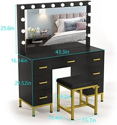 Black 44'' Vanity Desk with Lighted Mirror, 14PCS LED Bulbs, Cushioned Stool & 7 Drawers D79924