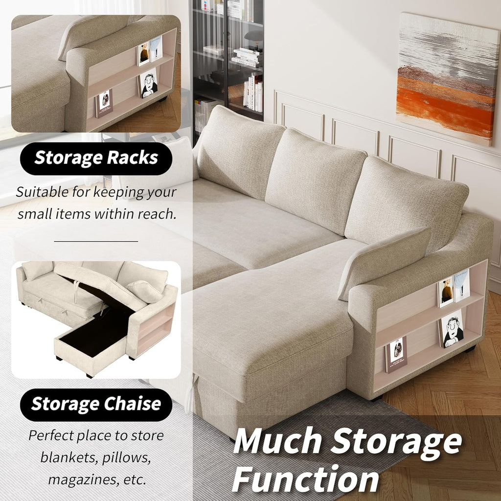 L-Shape Reversible Sleeper Sectional Couch Pull Out Sofa Bed with Storage Chaise and USB Ports Linen Tufted Upholstered Convertible Sofabed with 2 Pillows H520047