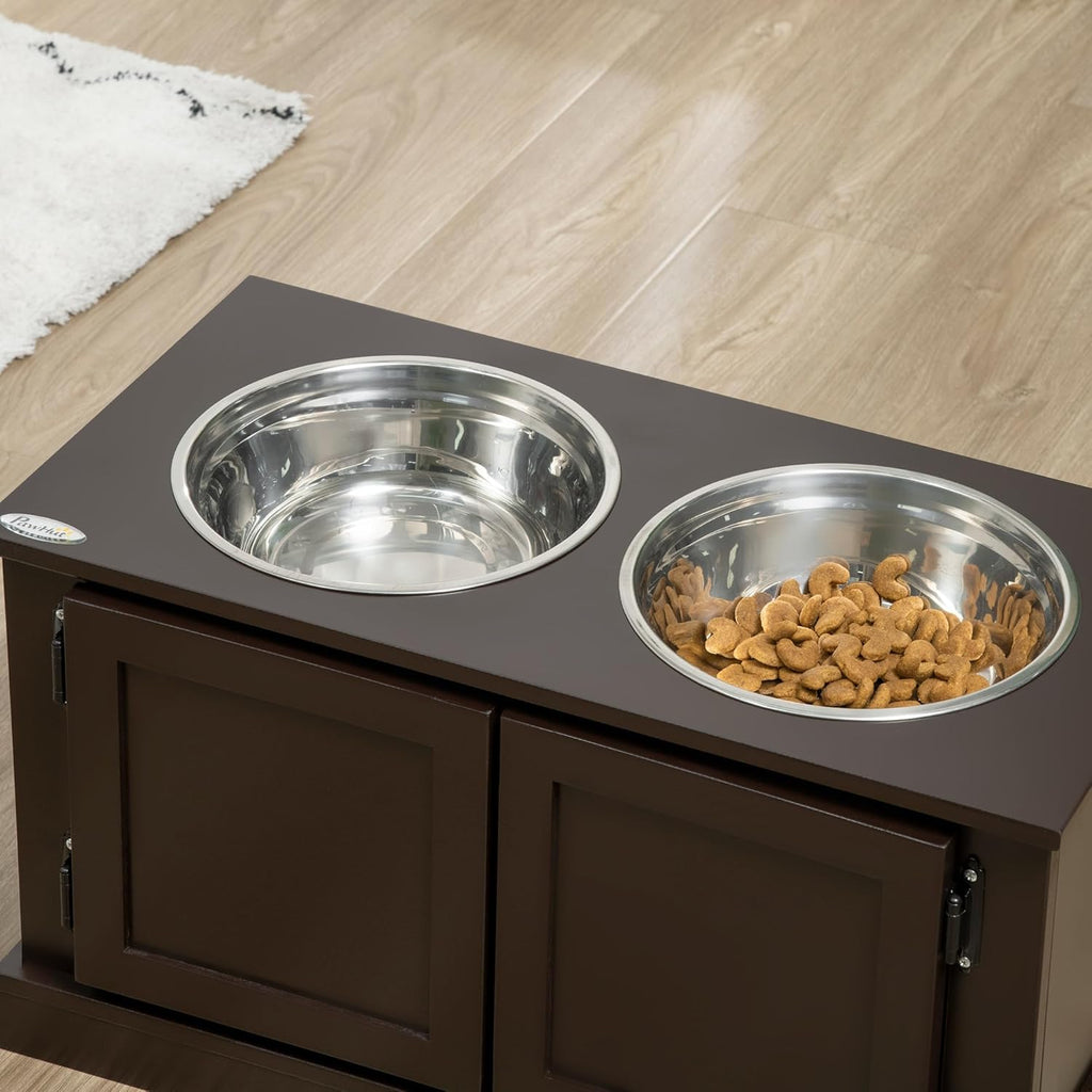 Elevated Dog Bowls with Storage Cabinet, 2 Stainless Steel Bowls, Coffee P704