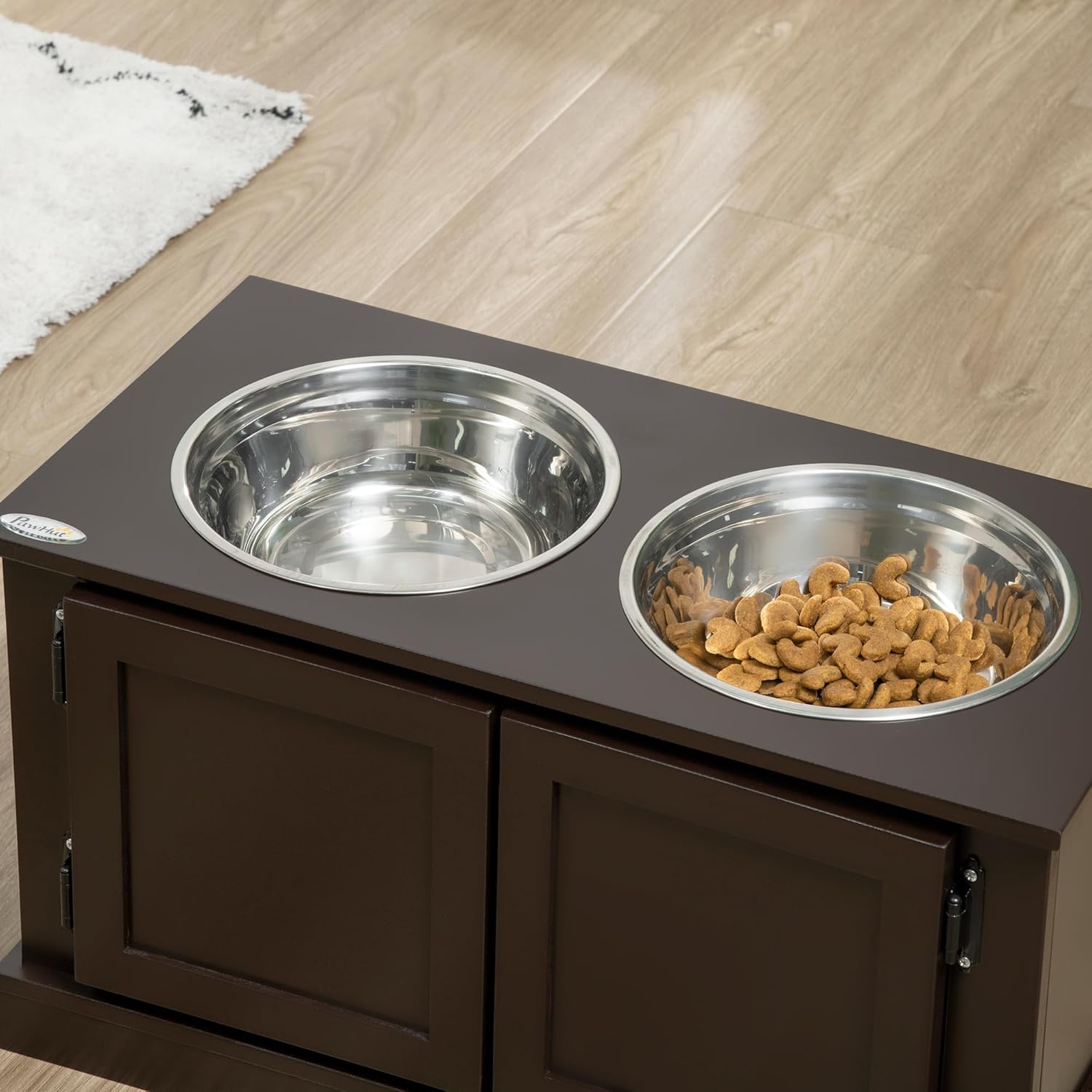 Elevated Dog Bowls with Storage Cabinet, 2 Stainless Steel Bowls, Coffee P704
