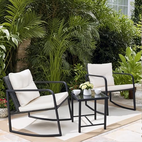 Beige 3 Pieces Wicker Bistro Set with Glass Coffee Table J34832