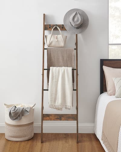 5-Tier Wood Blanket Ladder Shelf with 4 Removable Hooks V50833