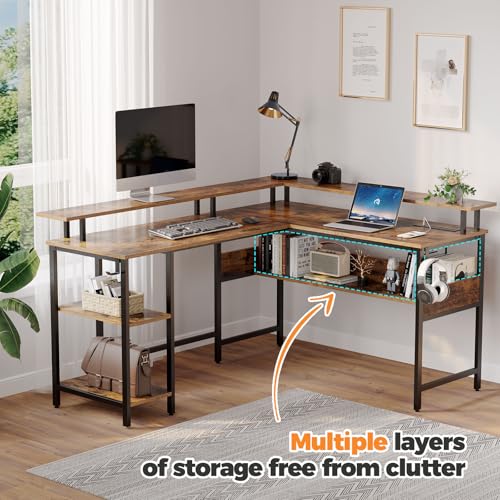 56.7" L Shaped Gaming Desk with LED Lights, Power Outlets, Carbon Fiber Surface, Monitor Stand, Storage, USB Port, Hook F183