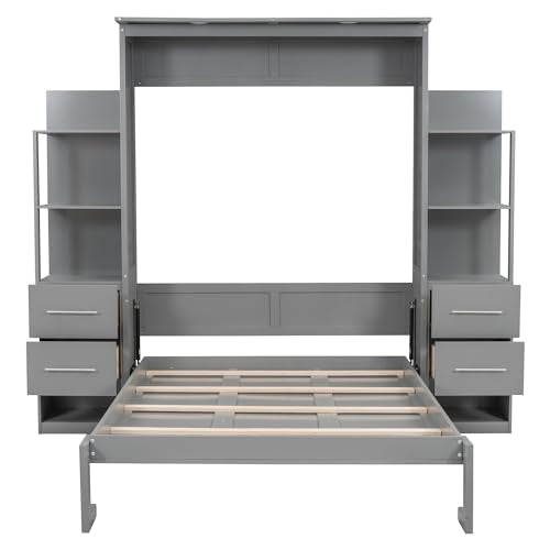 Queen Murphy Bed with Storage Drawers and Shelves (Grey) J877