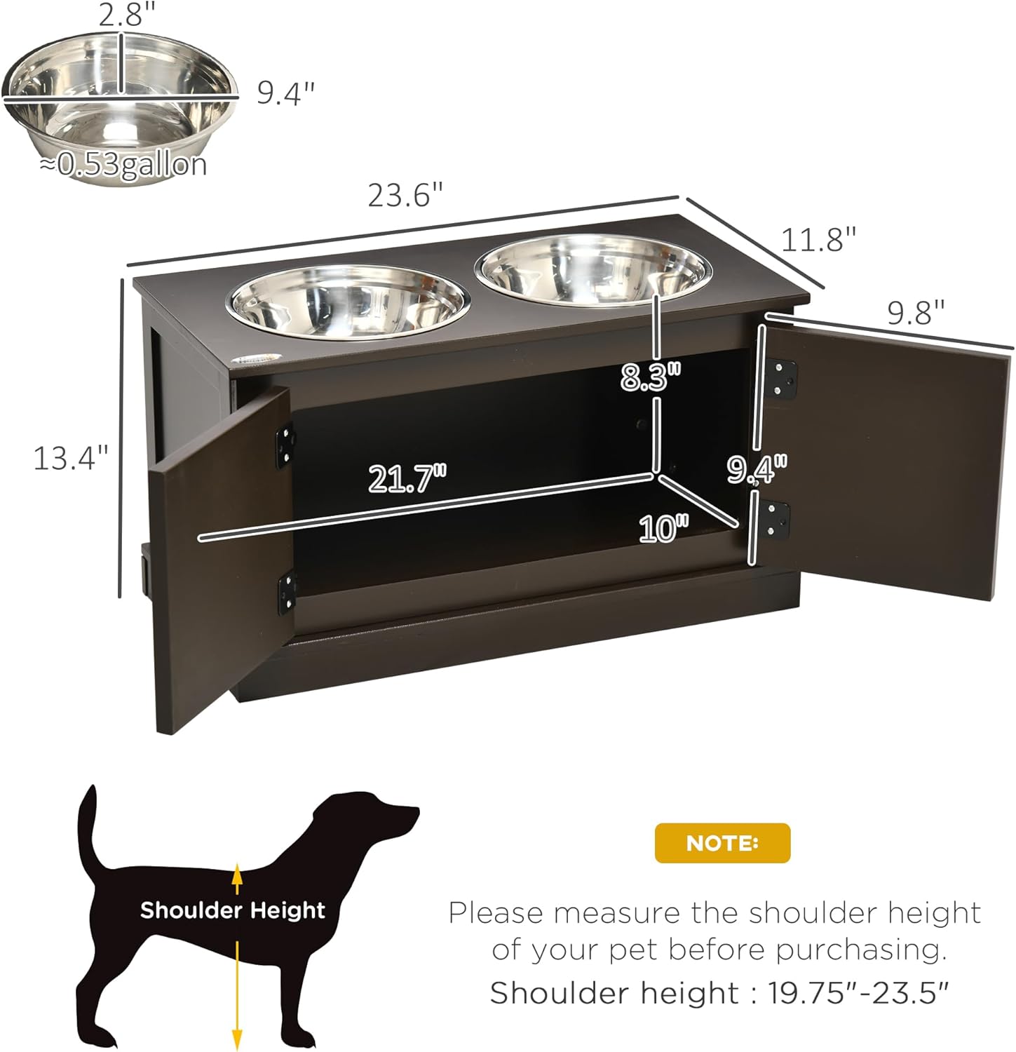 Elevated Dog Bowls with Storage Cabinet, 2 Stainless Steel Bowls, Coffee P704