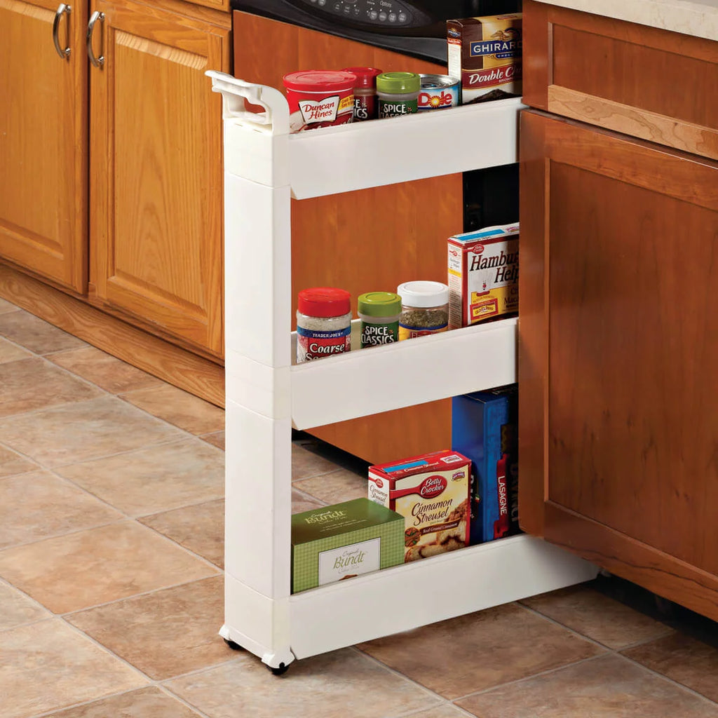 Slim Storage Cart with 3 Baskets and Rolling Casters, Durable Plastic, 21" x 5" x 28 1/4" Y993