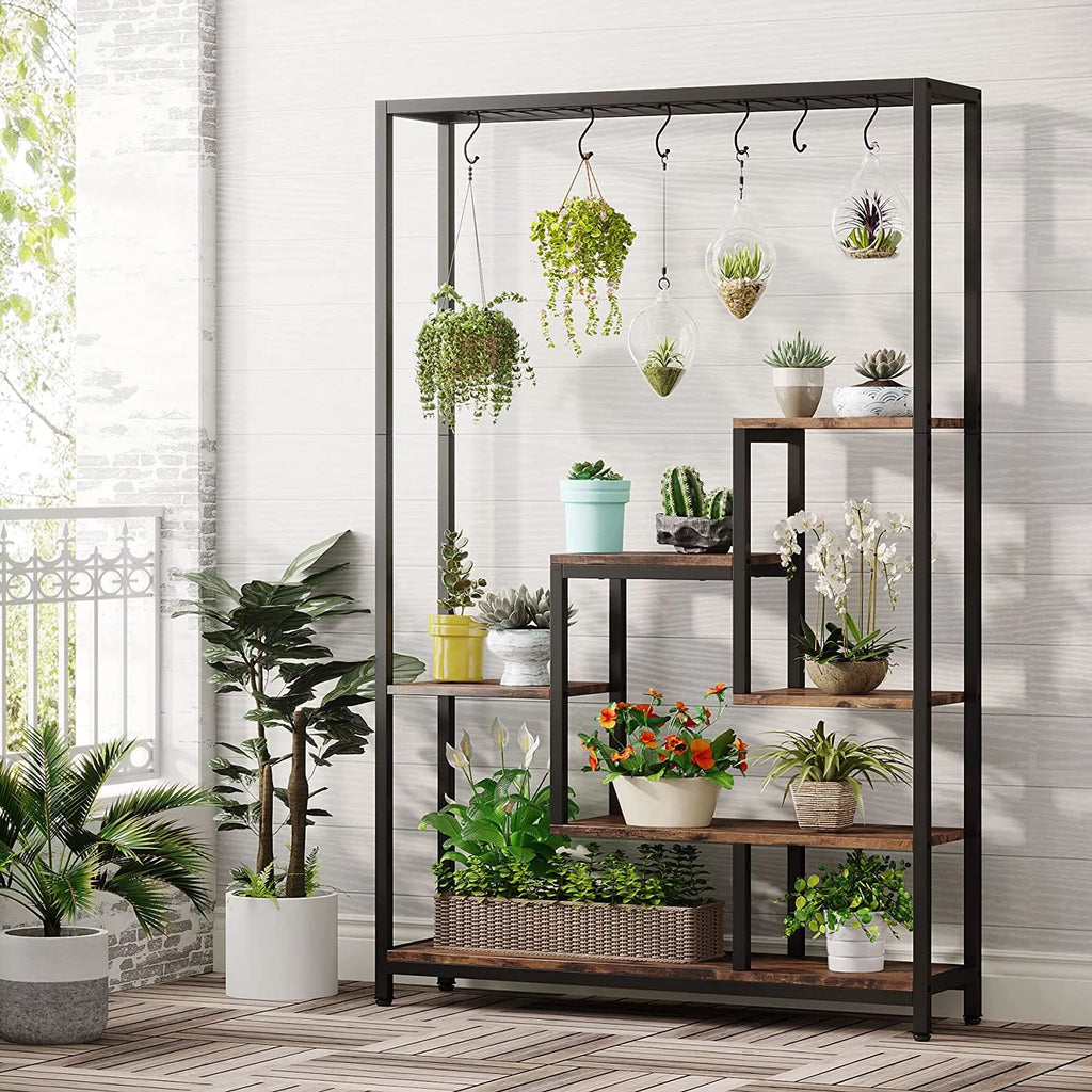 5-Tier Metal Plant Stand with 10 Hanging Hooks K59785