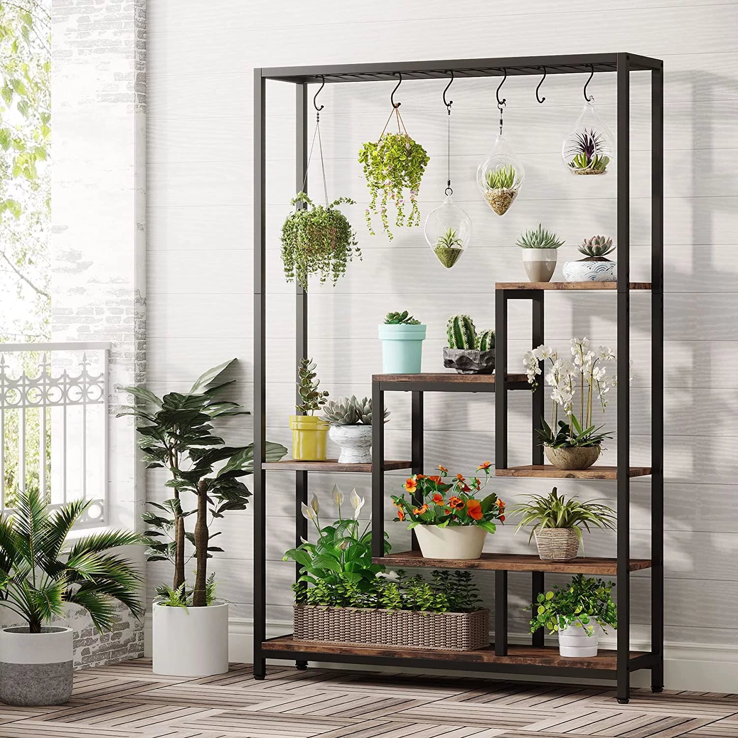 5-Tier Metal Plant Stand with 10 Hanging Hooks K59785