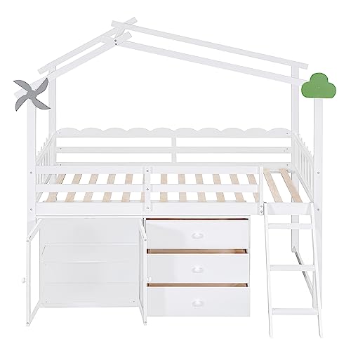 Grey Twin Size Wood Loft Bed with Storage Cabinet and 3 Drawers O497292