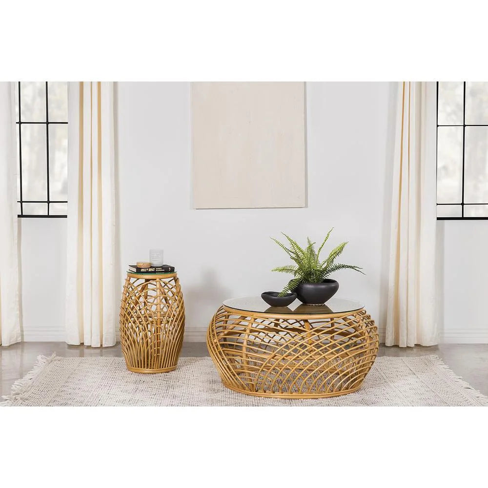 Round Glass Top Woven Rattan Coffee Table Natural Brown W757