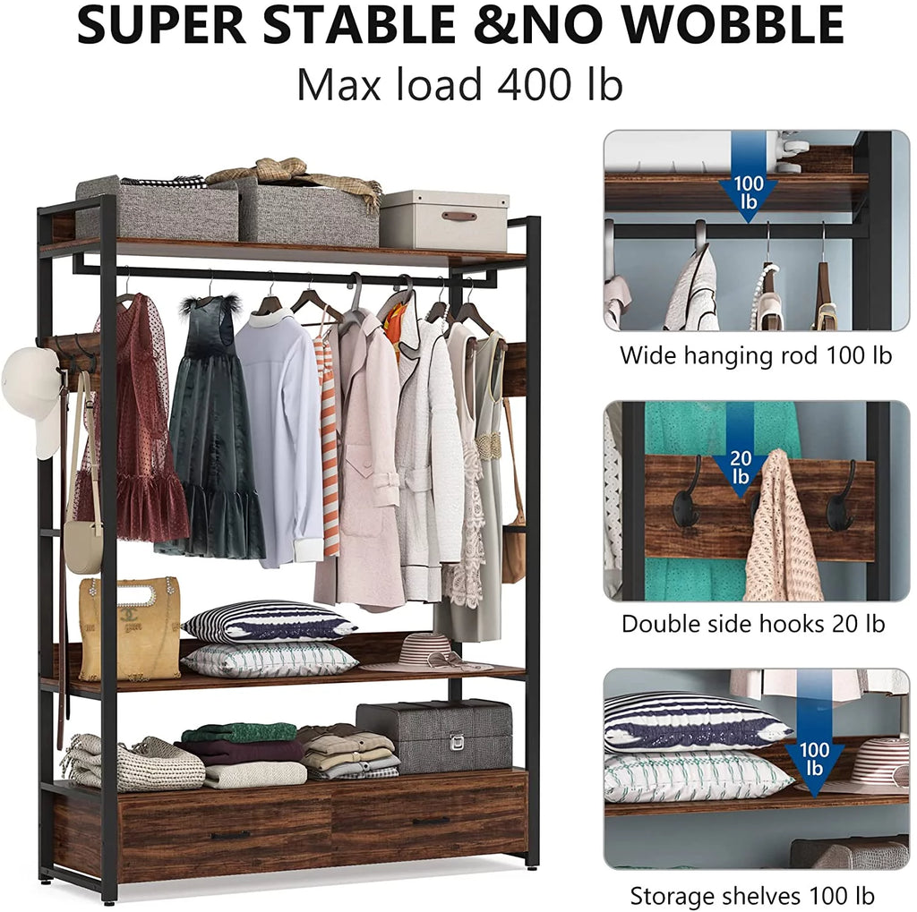 Rustic Brown Heavy Duty Clothes Rack with Shelves Hanging Rod and 2 Drawers F72811