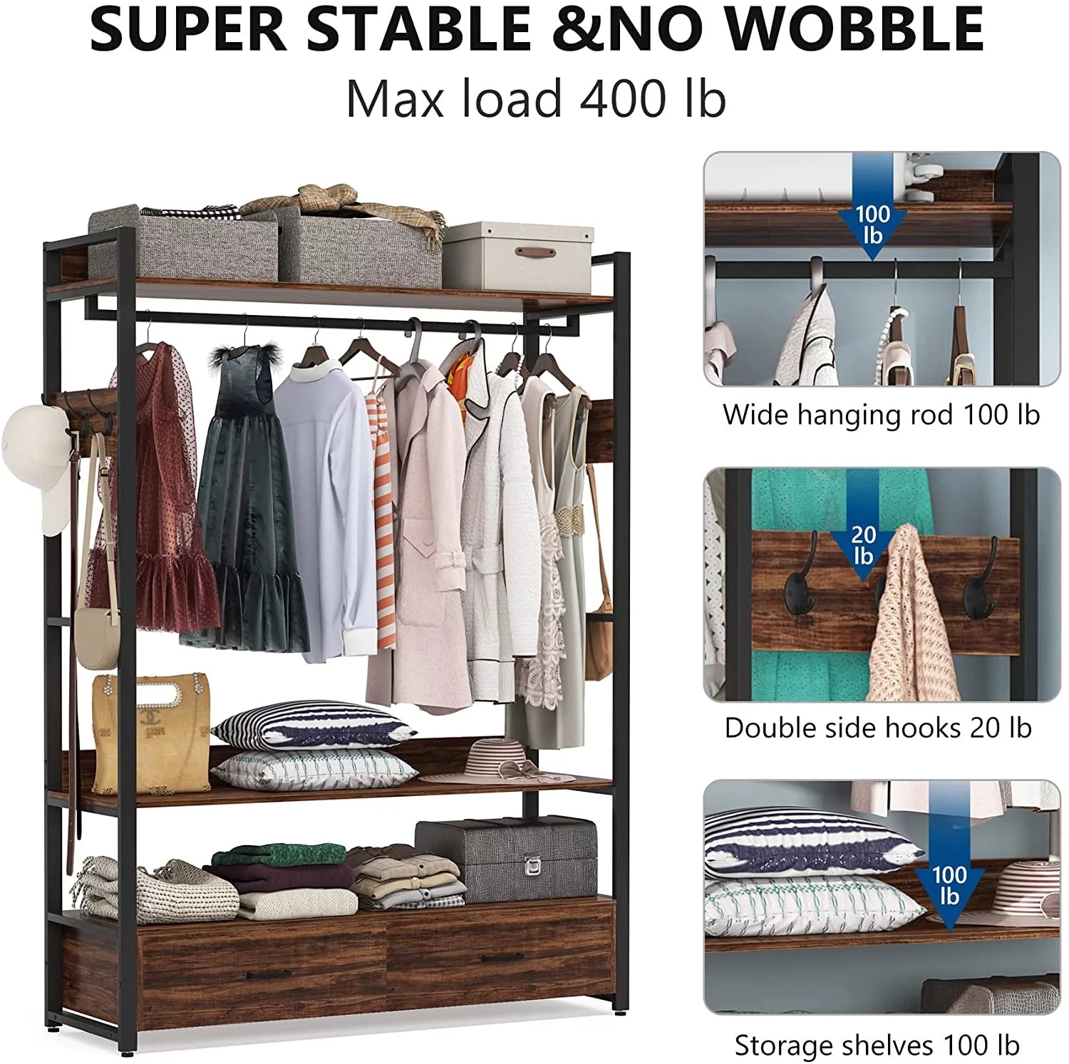 Rustic Brown Heavy Duty Clothes Rack with Shelves Hanging Rod and 2 Drawers F72811