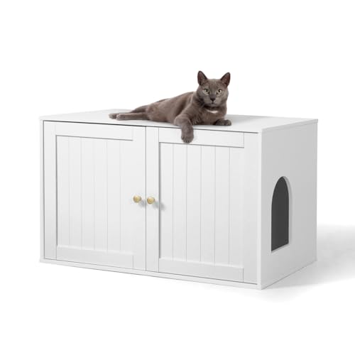 White Wooden Cat Litter Box with Double Doors K15991