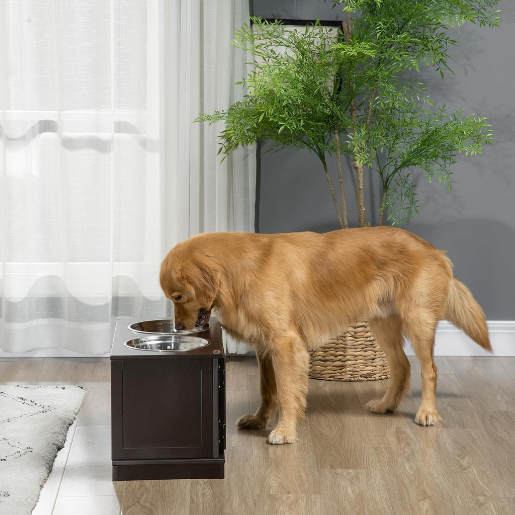 Elevated Dog Bowls with Storage Cabinet, 2 Stainless Steel Bowls, Coffee P704