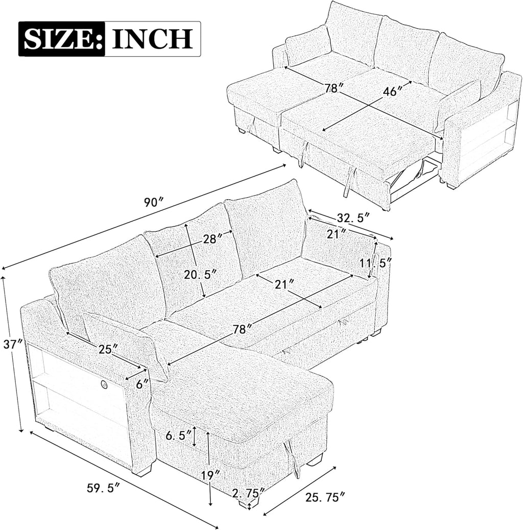 L-Shape Reversible Sleeper Sectional Couch Pull Out Sofa Bed with Storage Chaise and USB Ports Linen Tufted Upholstered Convertible Sofabed with 2 Pillows H520047