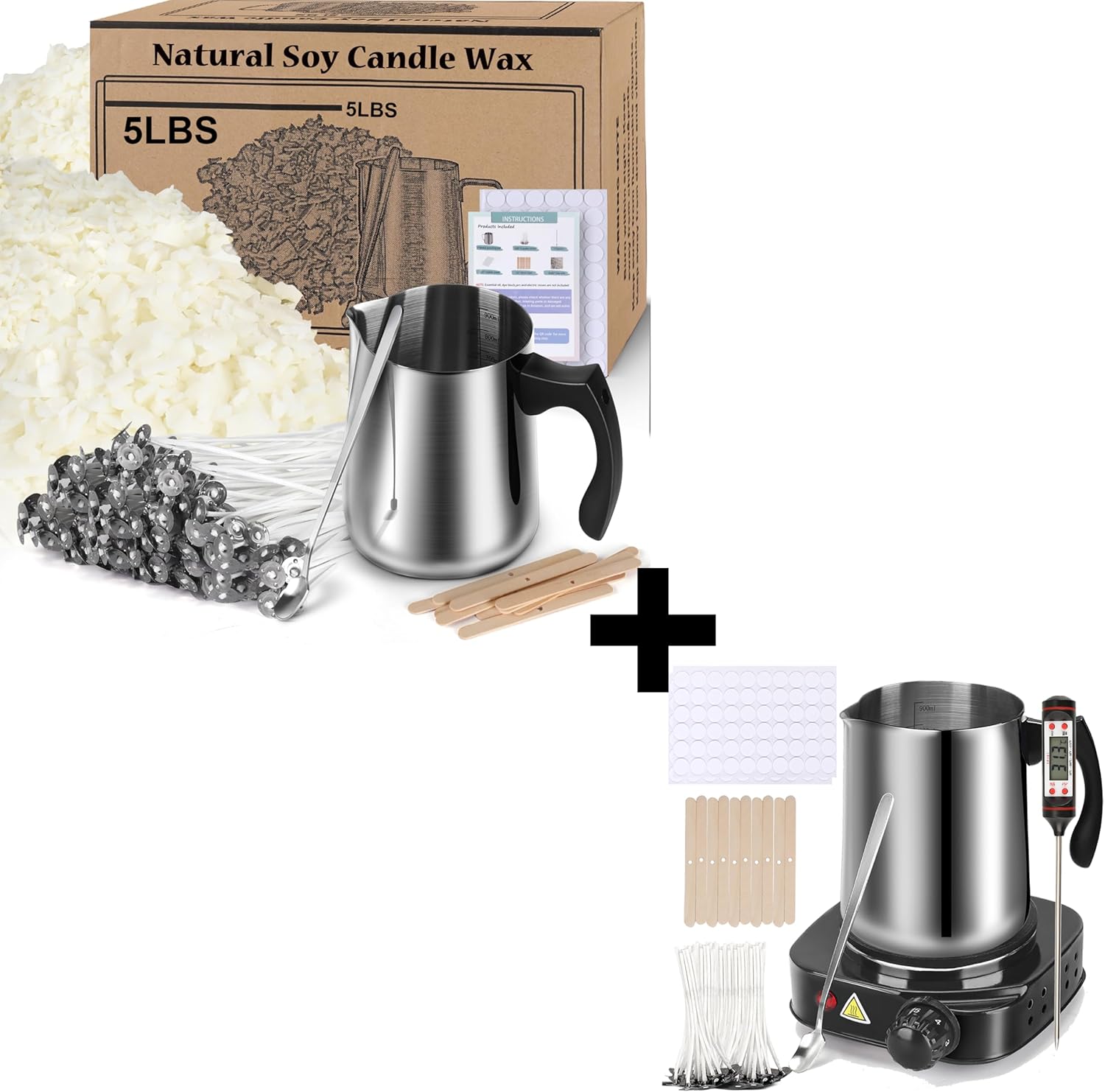 5lbs Soy Wax Flakes, 100 Candle Wick, 10 Centering Devices, Melting Pot F647981