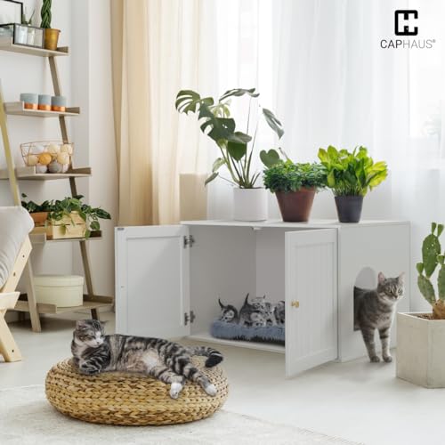 White Wooden Cat Litter Box with Double Doors K15991