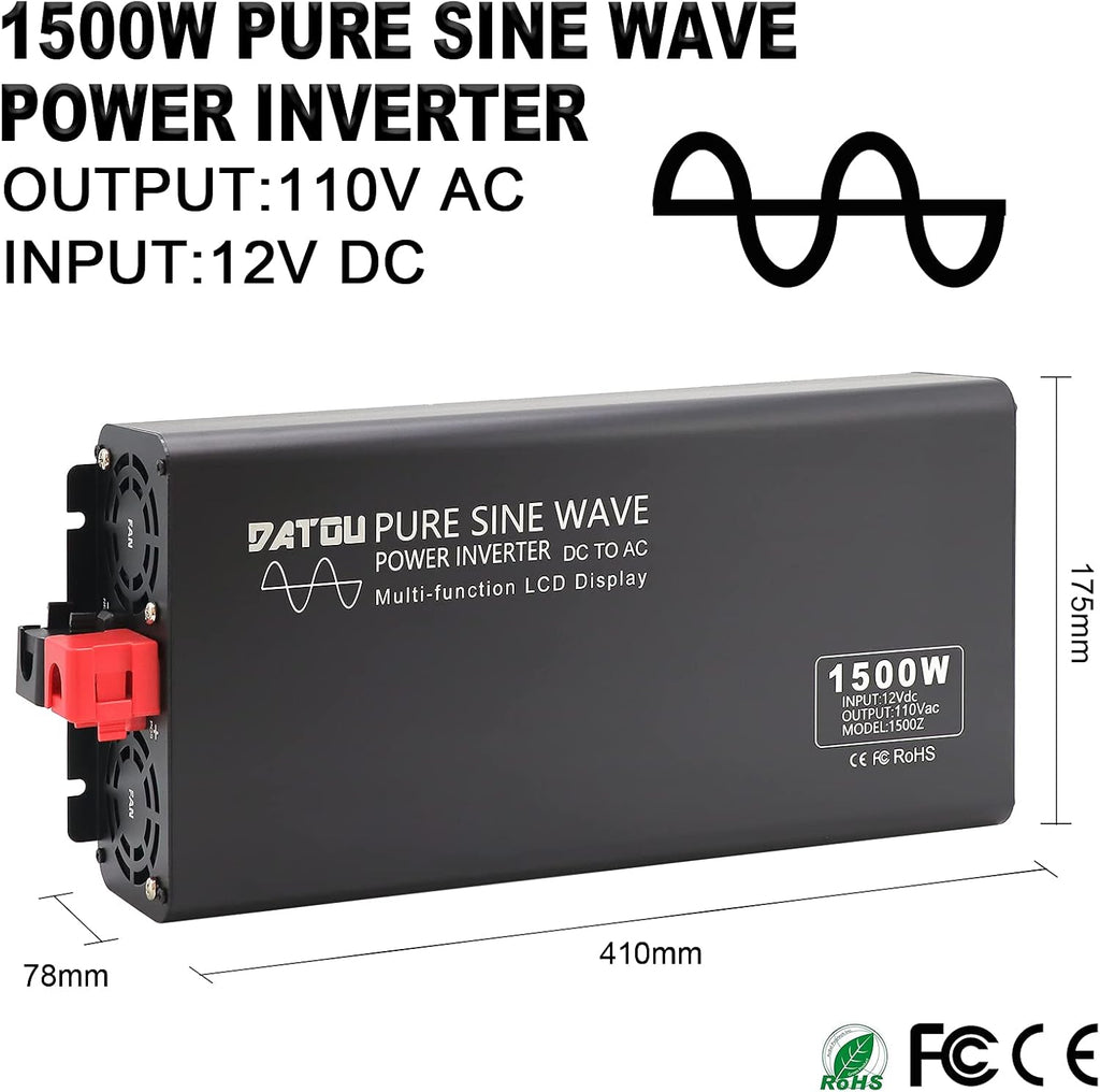 1500W Peak 3000W DC 12V to AC 110V 120V Power Inverter with 2 AC Outlets LCD Display M3858