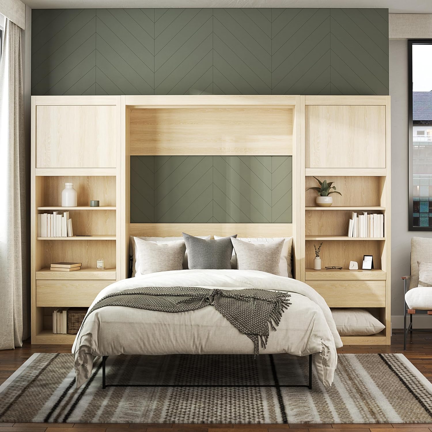 Full Size Murphy Wall Bed with Storage in Light Oak B700