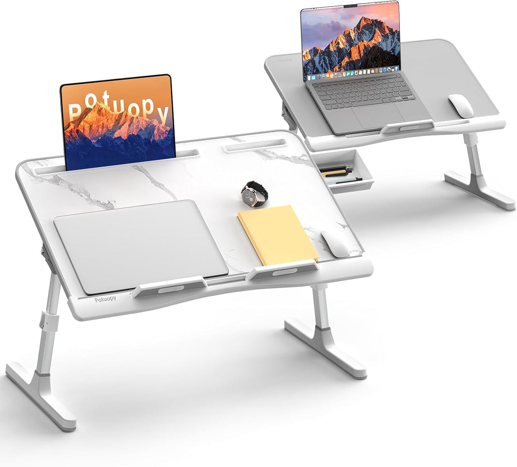 X-Large Marble and Grey Adjustable Folding Lap Desk Tray with Drawer R4563