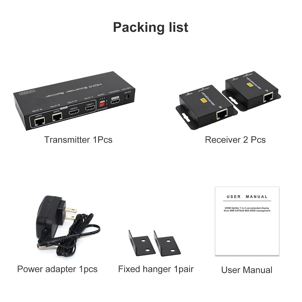 HDMI Extender Splitter 1 in 2 Out Over Cat5e/6/7 with Two Loop-Out Local Display Repeater Support 1080p EDID POC O41347