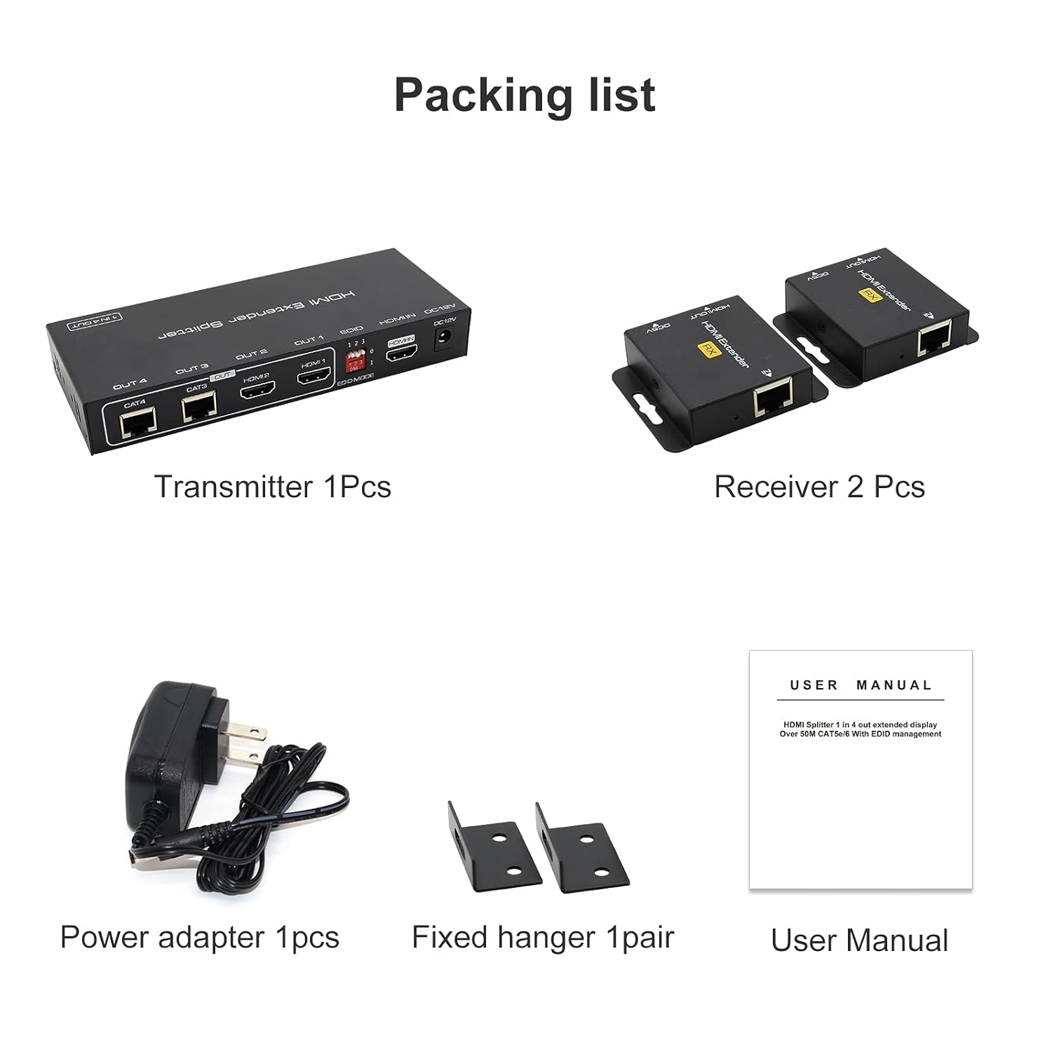 HDMI Extender Splitter 1 in 2 Out Over Cat5e/6/7 with Two Loop-Out Local Display Repeater Support 1080p EDID POC O41347
