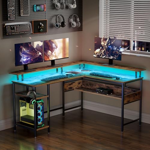 56.7" L Shaped Gaming Desk with LED Lights, Power Outlets, Carbon Fiber Surface, Monitor Stand, Storage, USB Port, Hook F183