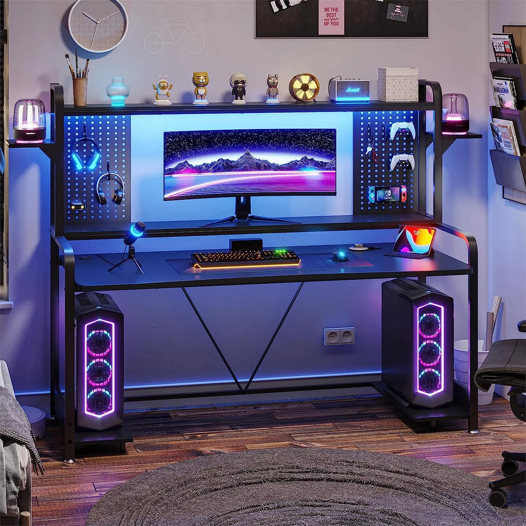 55" Gaming Desk with Hutch, Shelves, LED Lights, Pegboard and Monitor Shelf, Black K2756