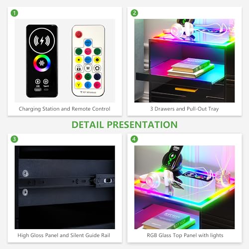 RGB LED Nightstand with 3 Drawers and Sliding Tray W352