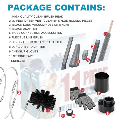 Dryer Vent Cleaner Kit with 30 Feet Brush, Black Vacuum Attachment Q399556