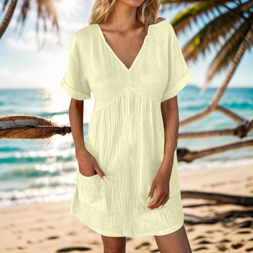 V Neck Short Sleeve Solid Loose Mini Dress with Pockets N9370