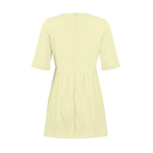 V Neck Short Sleeve Solid Loose Mini Dress with Pockets N9370