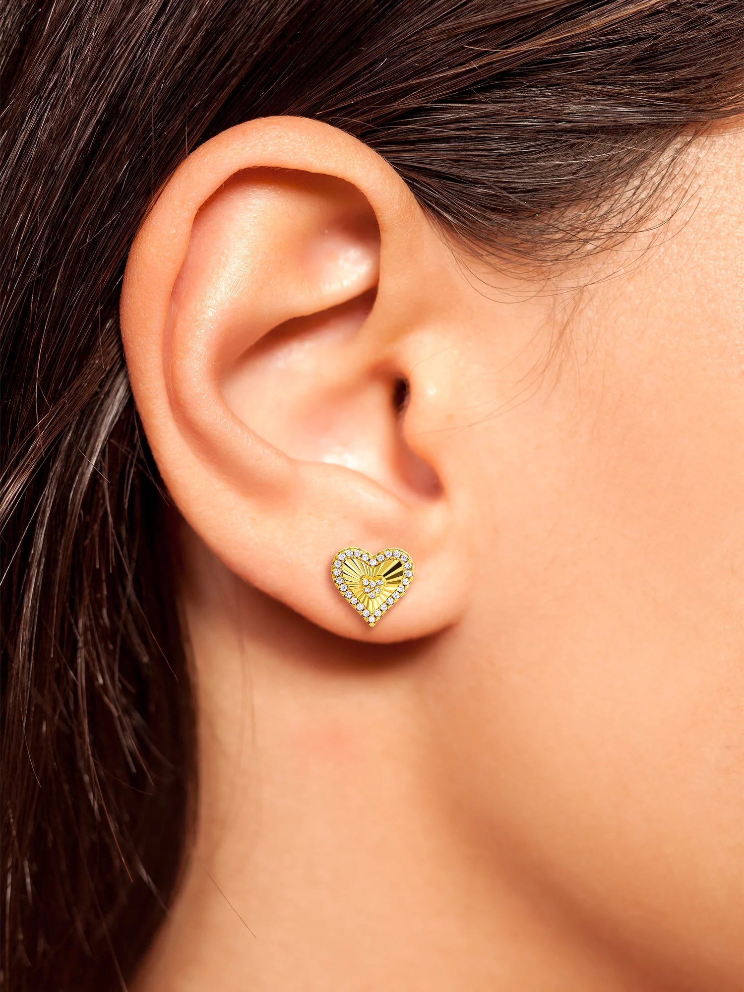 Sterling Silver 14KT Gold Plated Cubic Zirconia Heart Stud Earring U3044