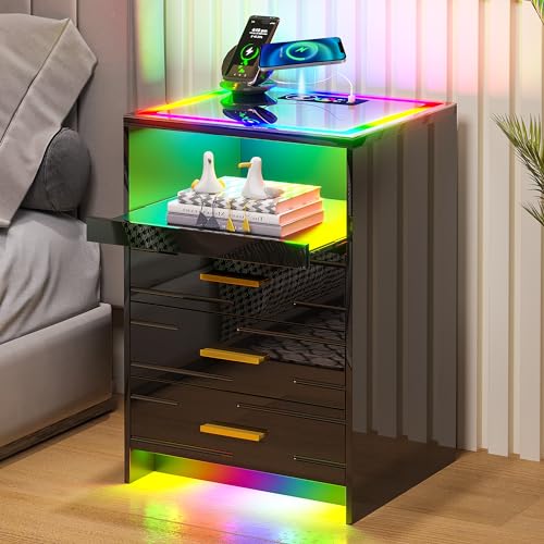 RGB LED Nightstand with 3 Drawers and Sliding Tray W352